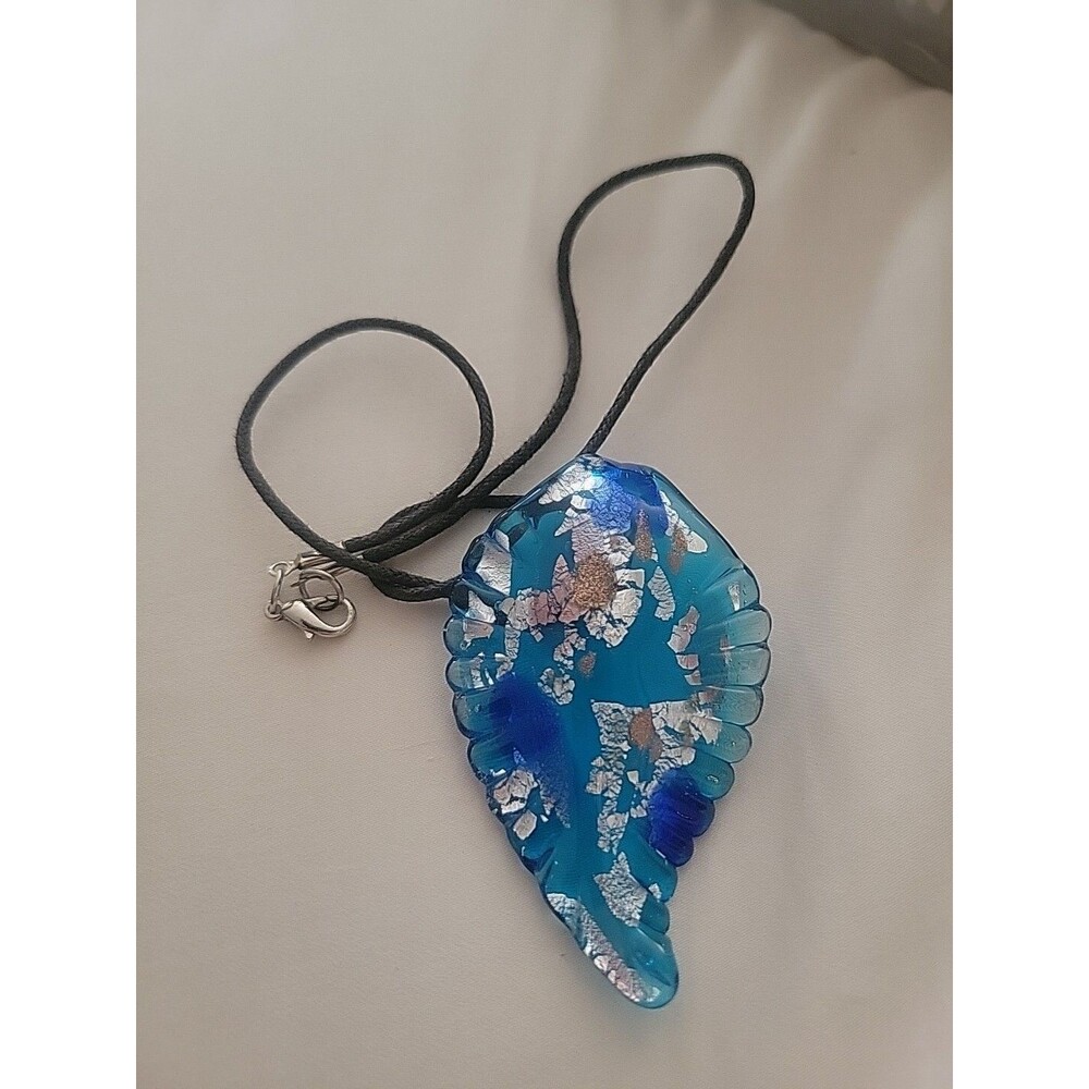 Vintage Large Leaf Shaped Blue Art Glass Silver Gold Artisan Pendant Black Cord